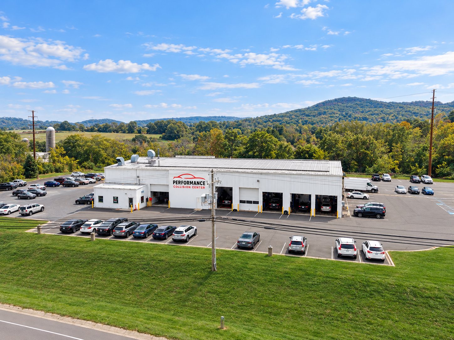 Aerial view of Performance Collision Center at 5050 Penn Ave in Sinking Spring, PA